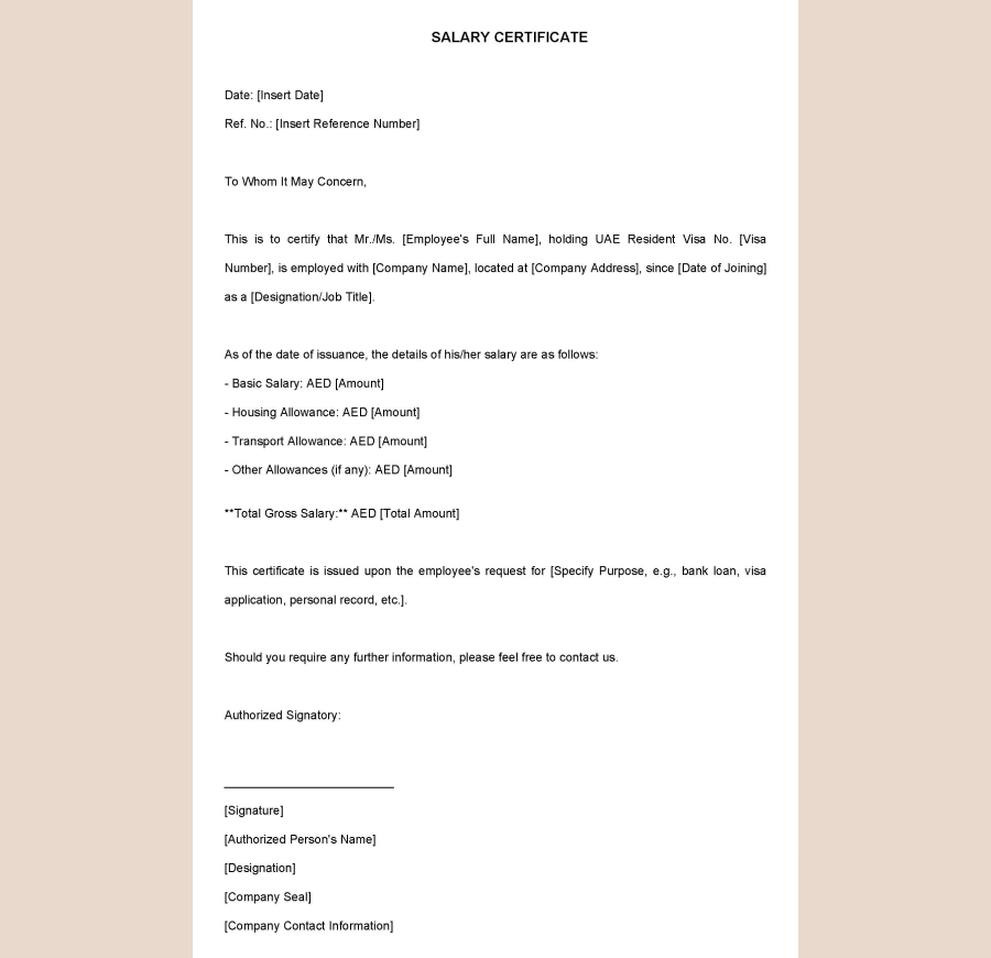 salary certificate template